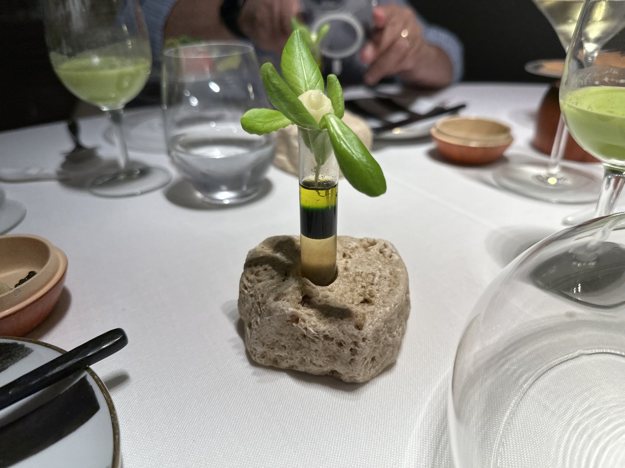 A small sprout garnish in a glass tube set into a stone, on a white tablecloth beside wine glasses