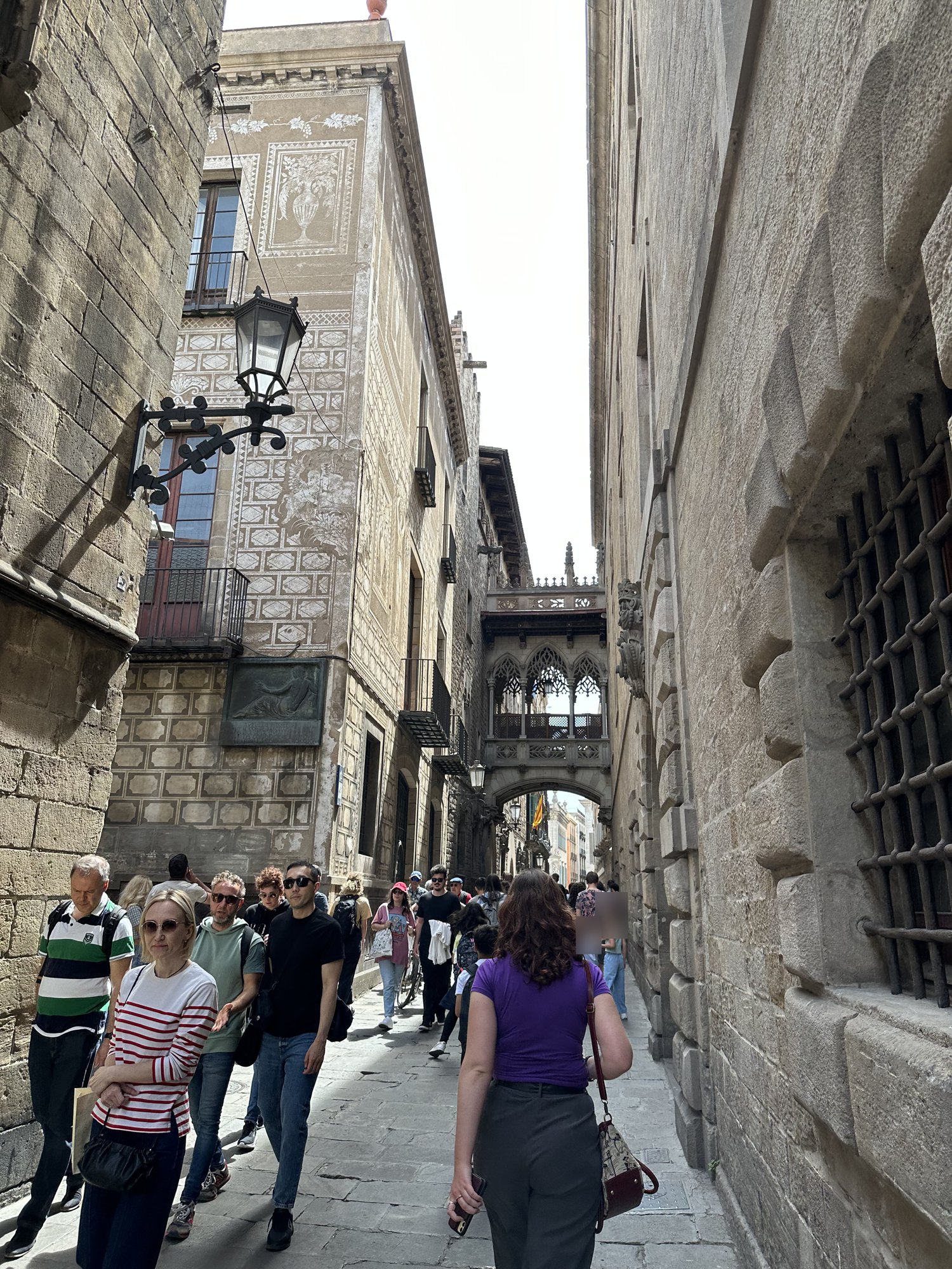 A narrow stone street in the Gothic Quarter, crowded with walkers, with an ornate carved stone bridge spanning overhead