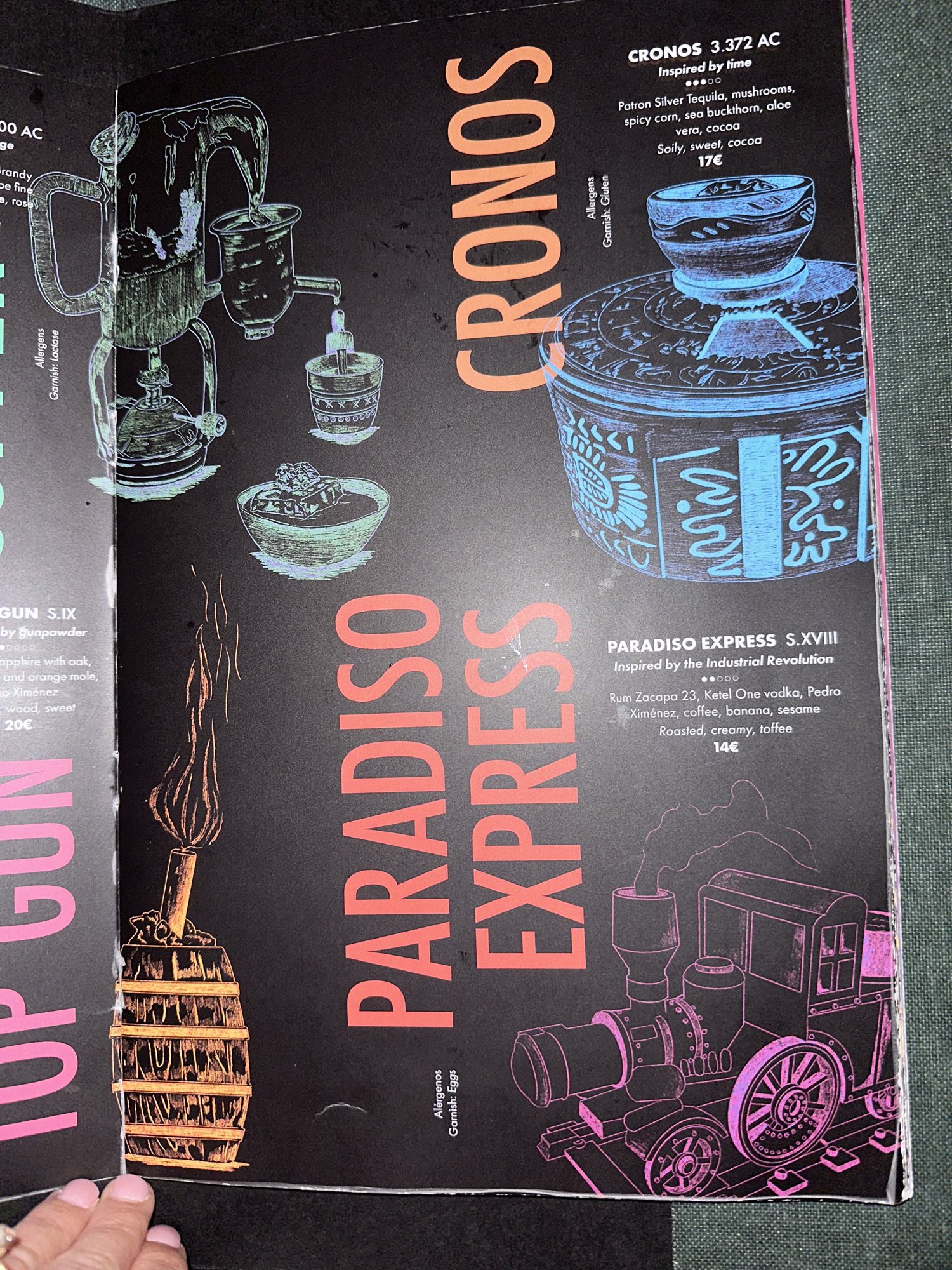 An illustrated cocktail menu page listing Paradiso Express, Cronos and Top Gun
