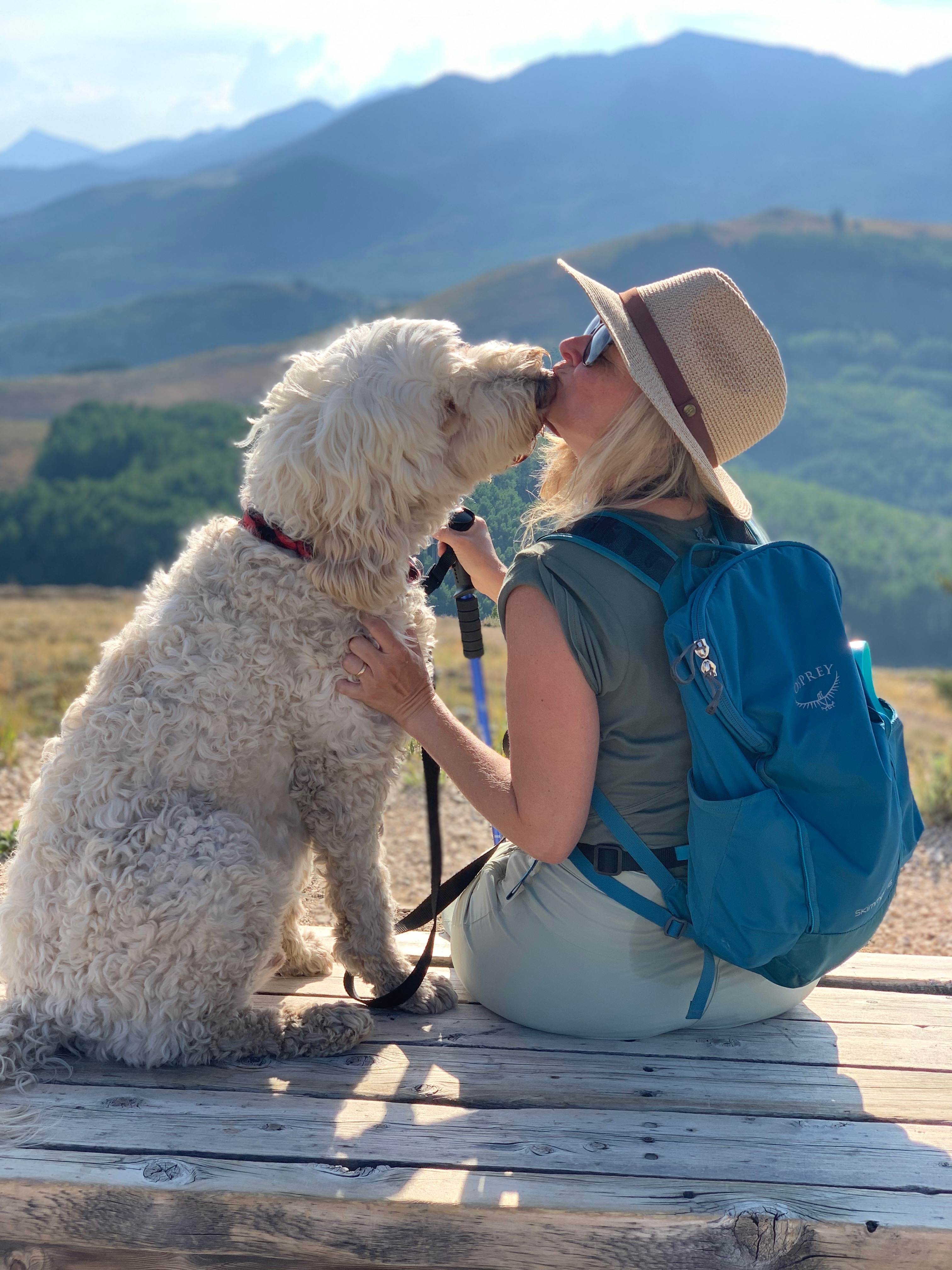 Cris and Pup-Stache in the mountains