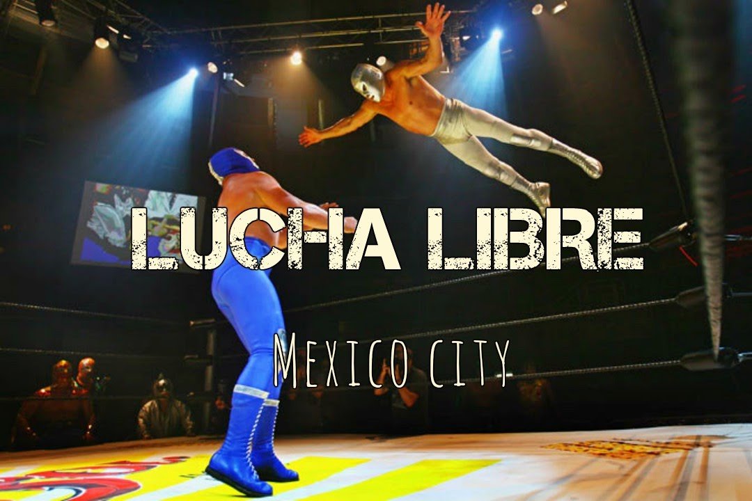 A Lucha Libre Mexico City graphic with a masked wrestler mid-leap over a lit stage
