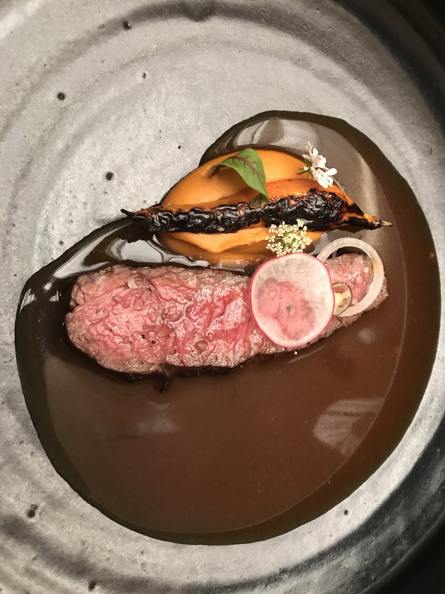Rare sliced beef in a brown sauce with pickled onion