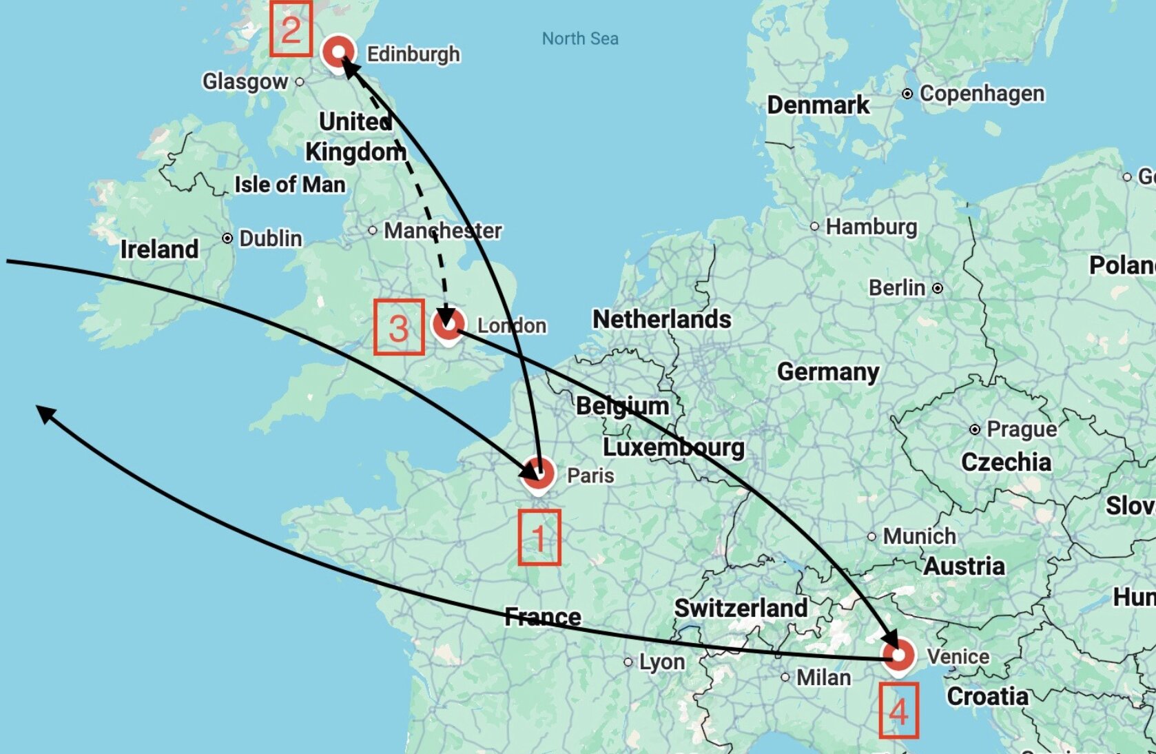 Route map of the four-city accessible Europe trip: Paris, Edinburgh, London, and Venice
