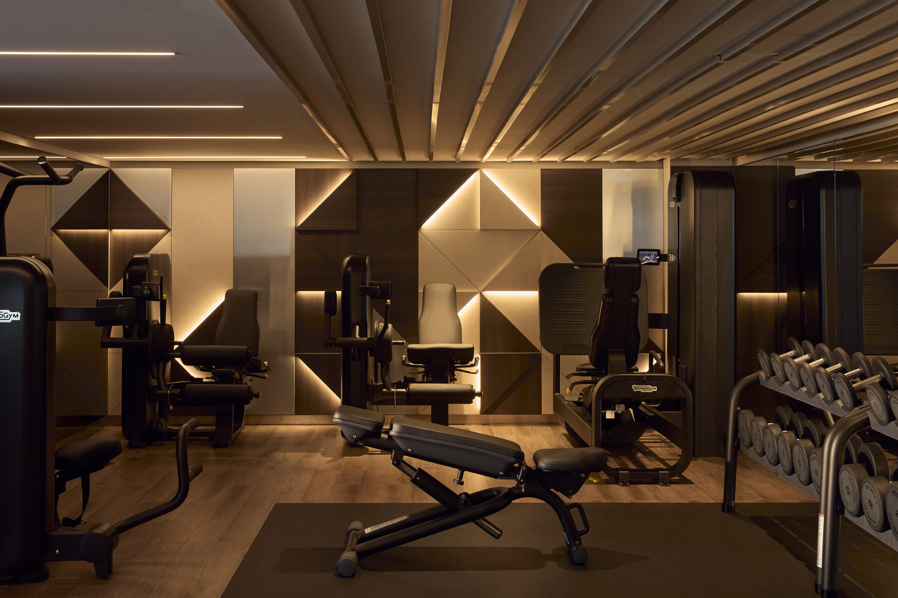 Explora media kit photo of the gym, TechnoGym machines and dumbbell racks against a backlit geometric wall