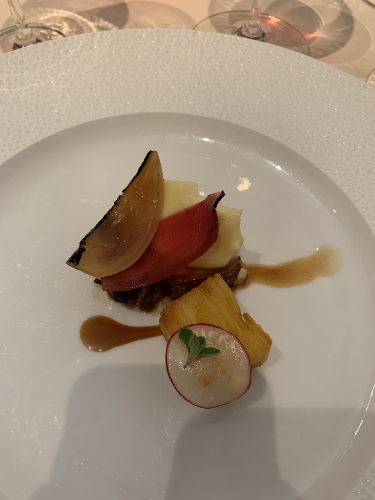 Tasting-menu course with charred onion and radish