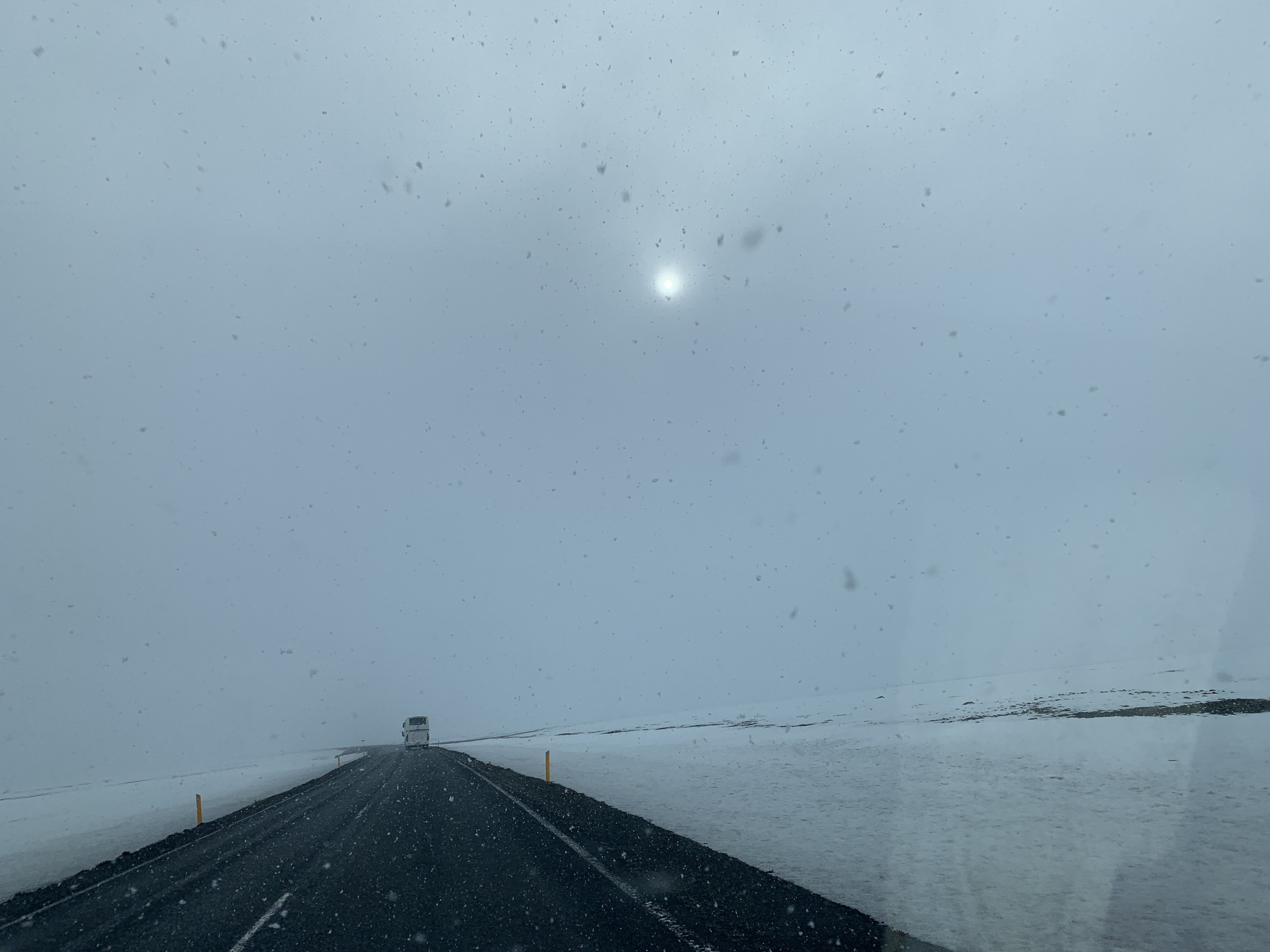Whiteout driving conditions on an Icelandic road