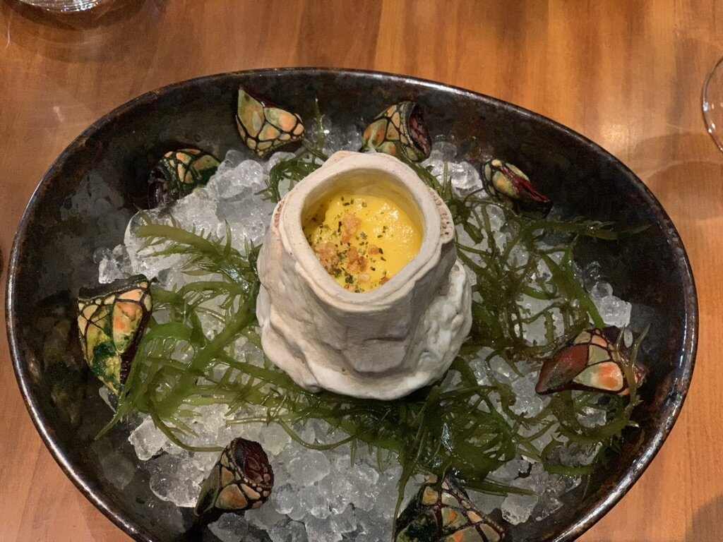 A Maido course of uni served in a stone cup on ice and seaweed