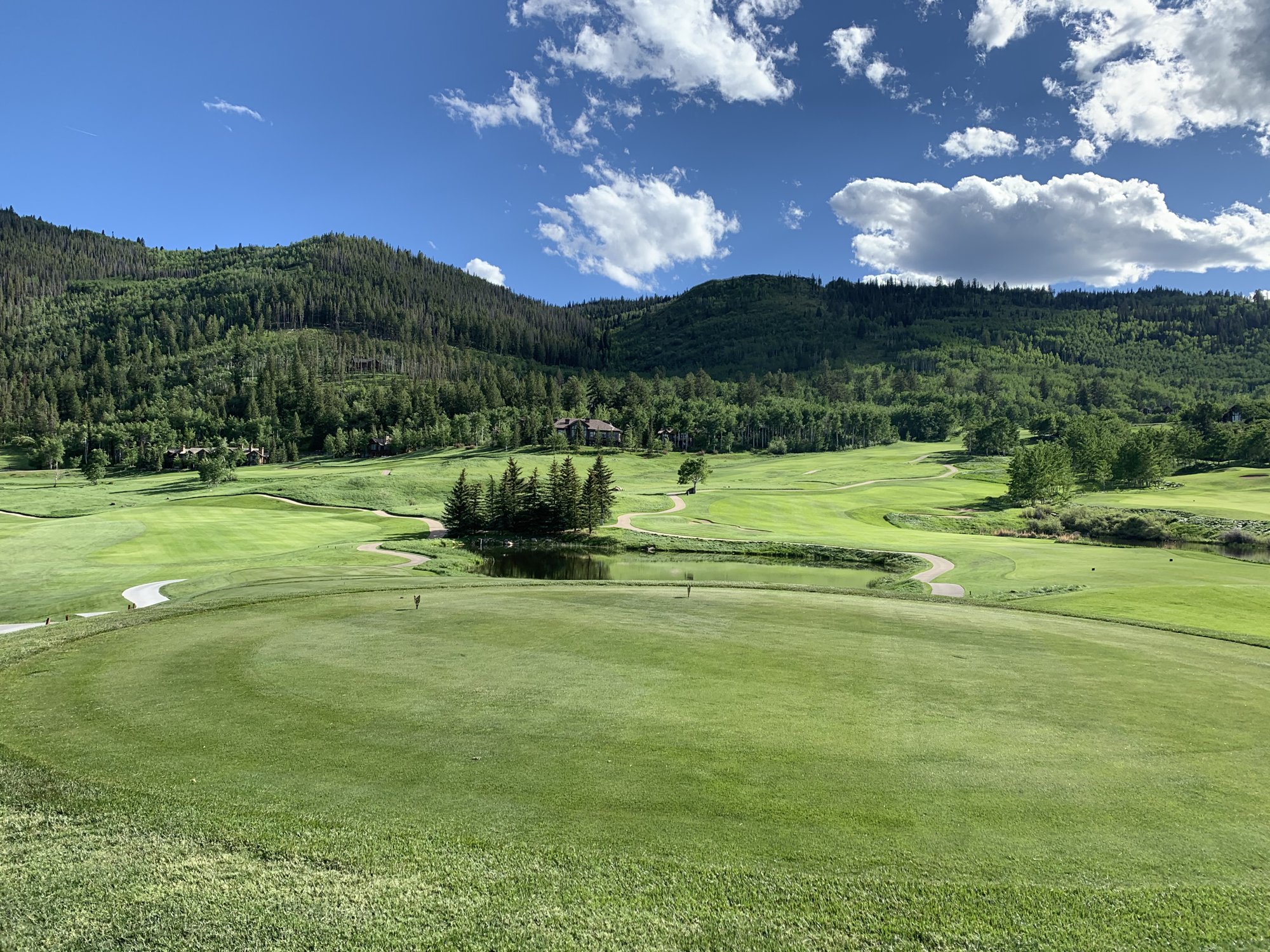 A rolling green golf course surrounded by forested mountains under a blue sky at Cordillera