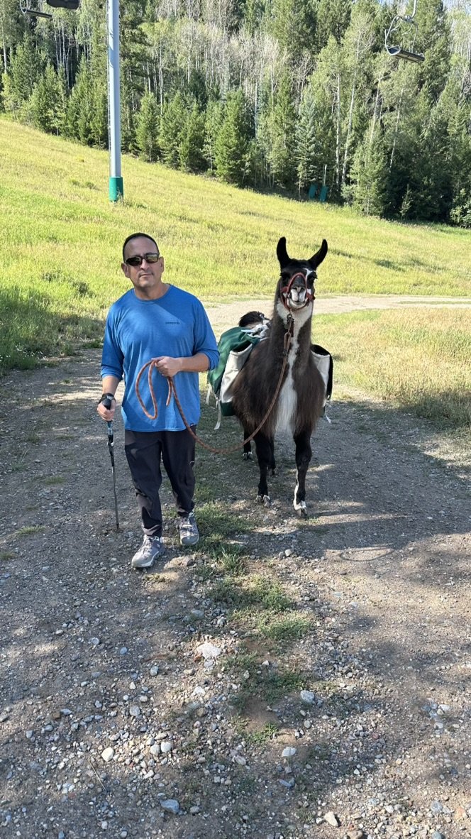 He-Stache in a blue shirt walking a llama up a grassy ski slope